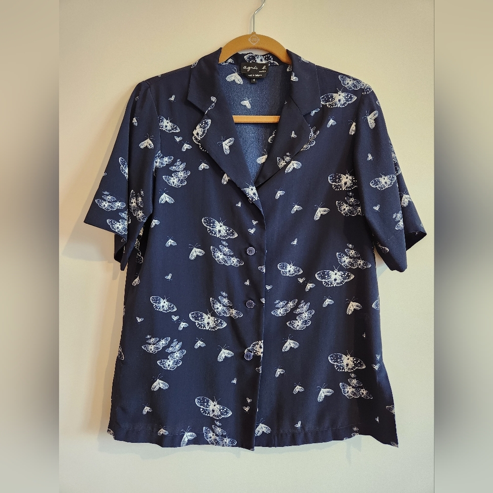 Agnes B. Navy Blue and White Moth Print Camp Shirt Size 1